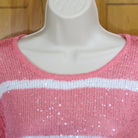 Avalin Coral & Ivory Striped Sweater Long Sleeve Sequins Scoop Neck Size Large - Picture 2 of 10